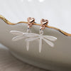 POM Rose Gold Hearts With Matt Scratched Silver Dragonfly Drop Earrings