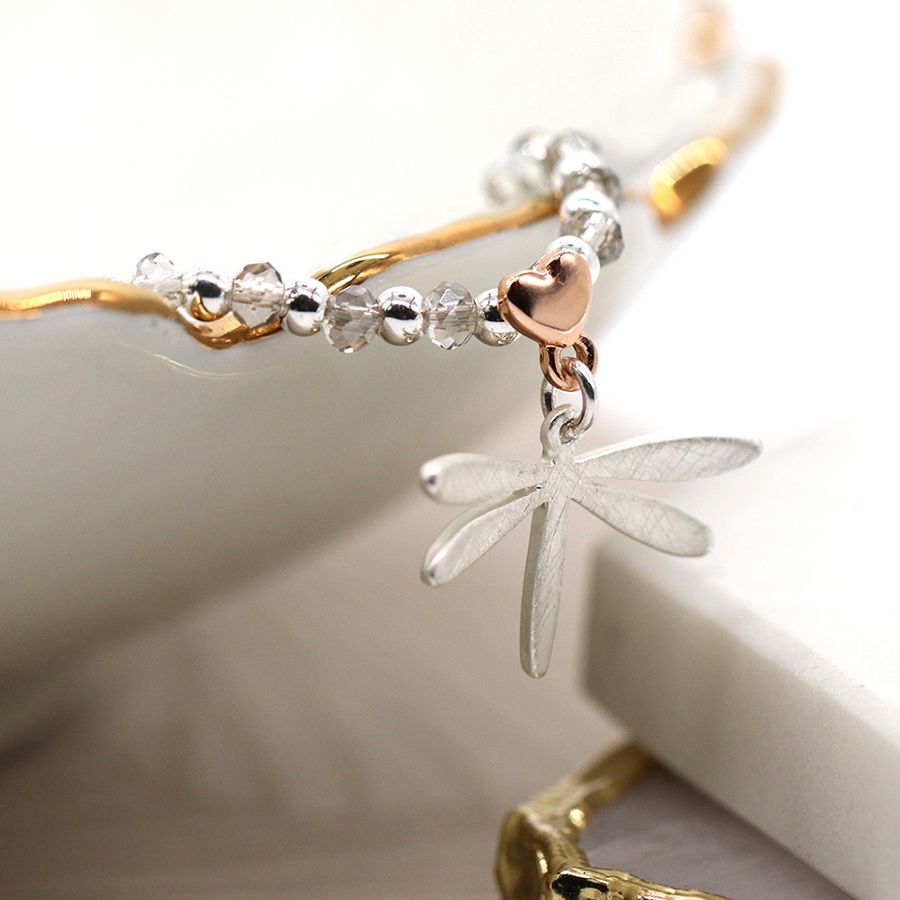POM Crystal Bead Silver Plated Dragonfly Heart Bracelet