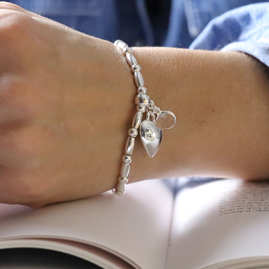 POM Silver Plated Stretch Bracelet With Crystal And Heart Charm