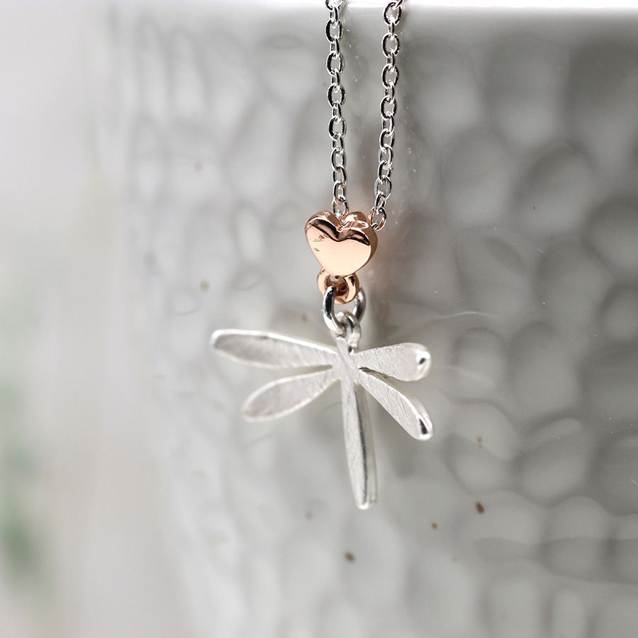 POM Silver Plated  Brushed Dragonfly Necklace With Rose Gold Plated  Heart
