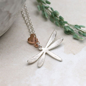 POM Silver Plated Dragonfly Necklace With Heart