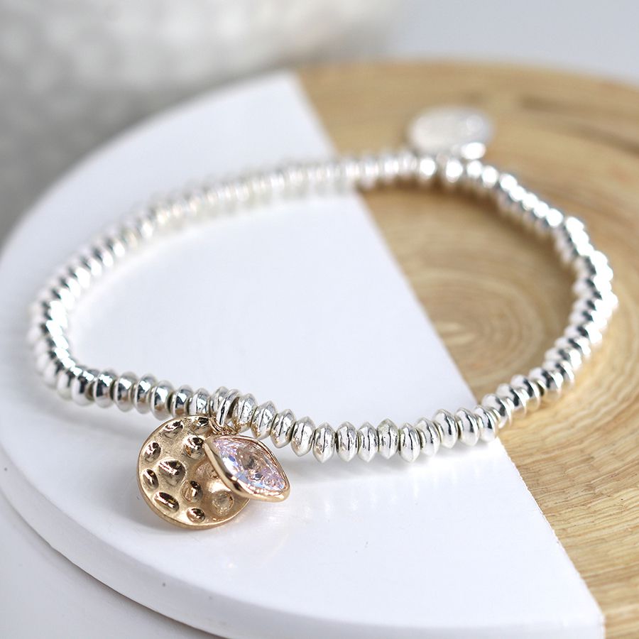 POM Silver Plated Bead Bracelet With Gold Beaten Disc And Crystal Charm