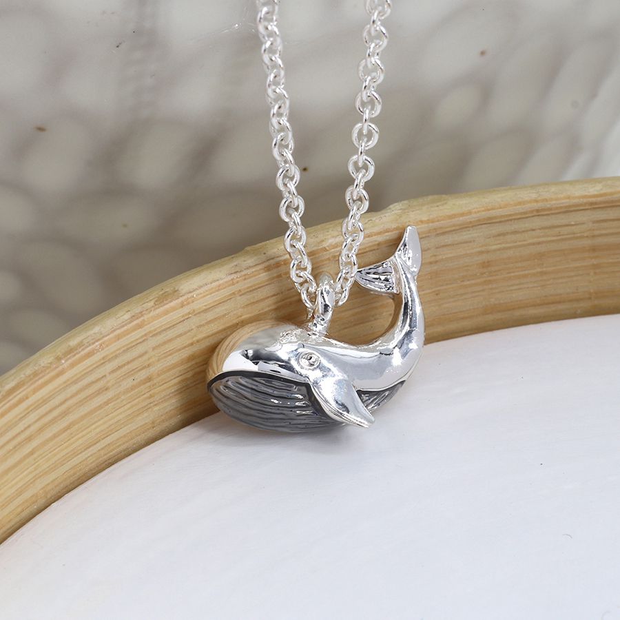 POM Silver Plated Whale Necklace With Grey Enamel Detail