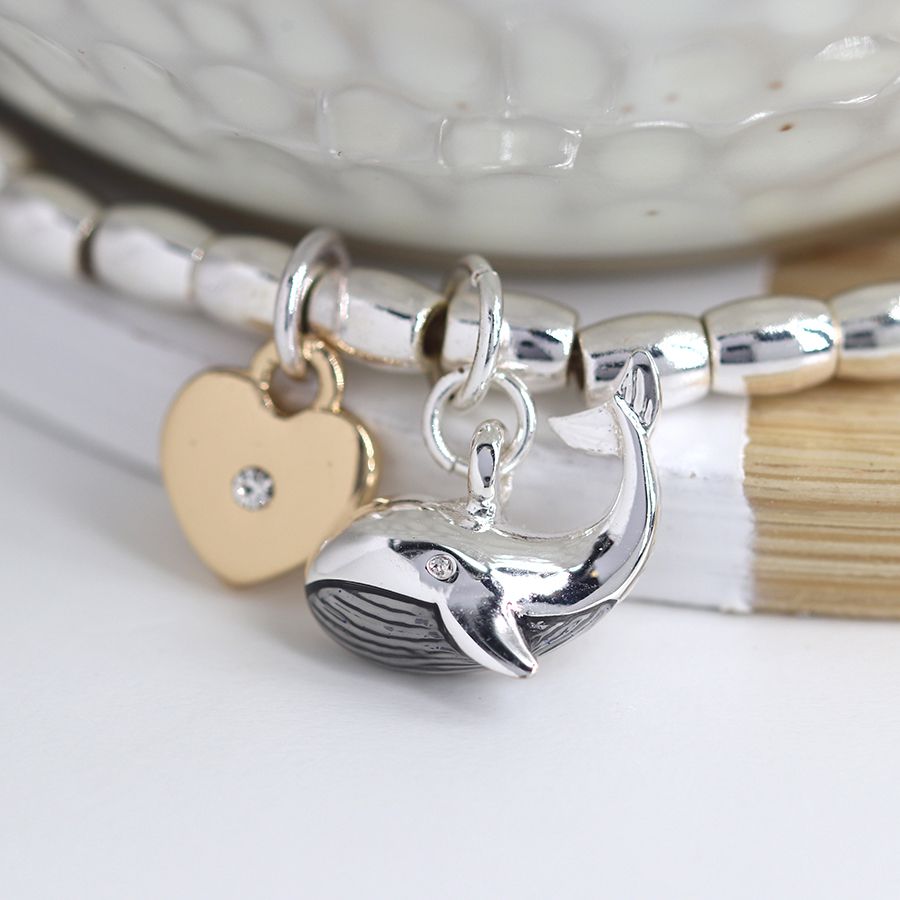POM Silver Plated Stretch Bracelet With Heart And Whale Charm