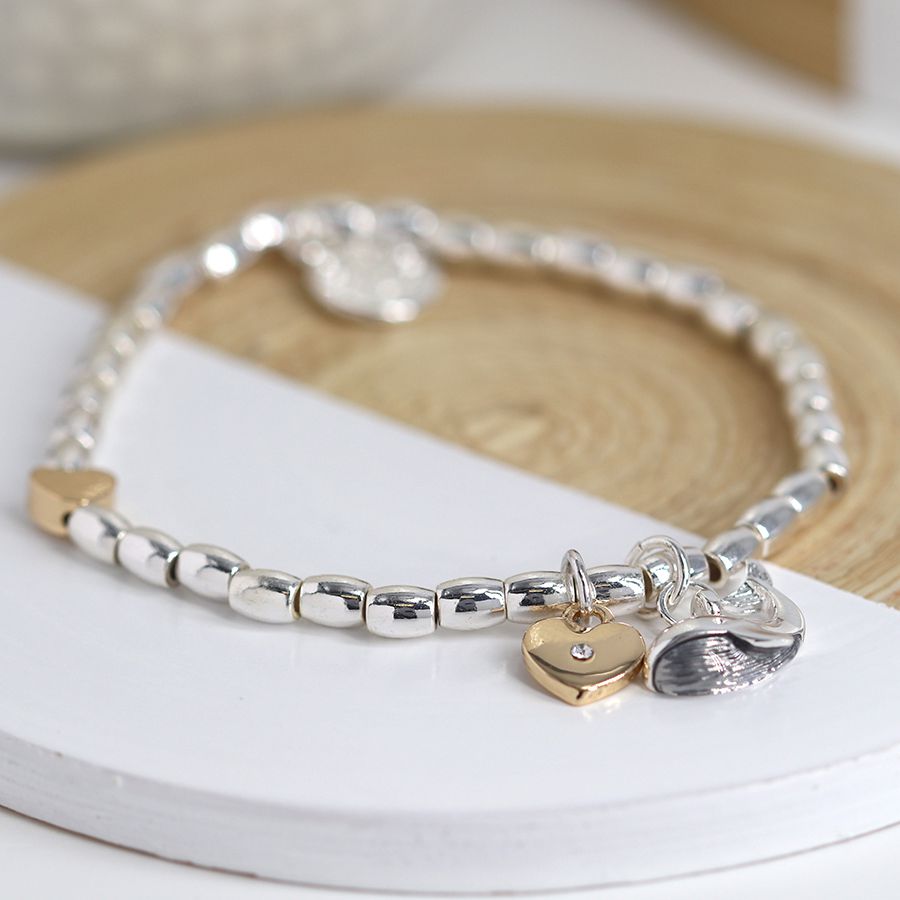 POM Shiny Silver Plated Bead Bracelet With Gp Heart And Whale Charm