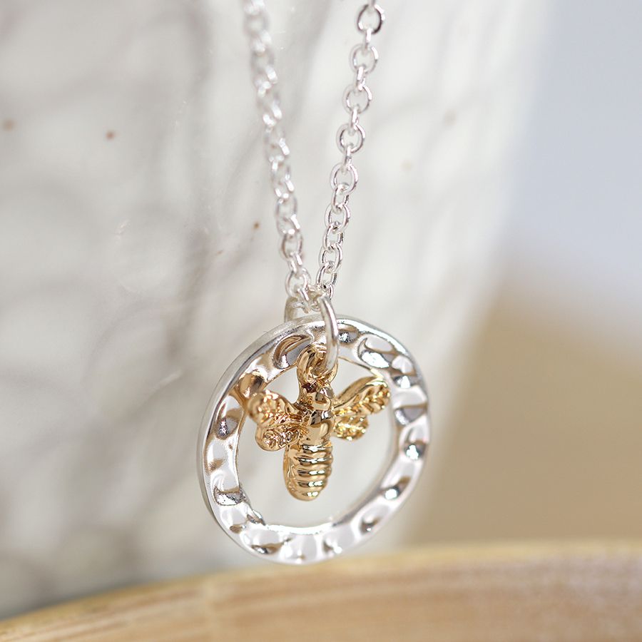 POM Silver Plated Hammered Hoop And Golden Bee Necklace