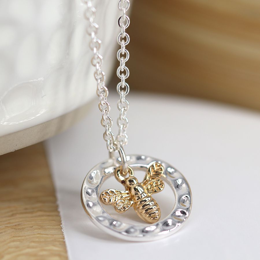 POM Silver Plated  Hammered Disc With Gold Bumblebee Necklace