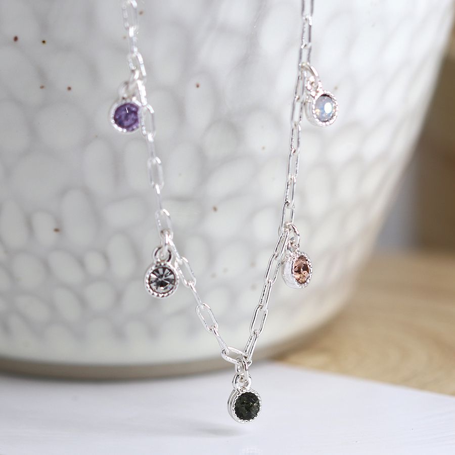 POM Silver Plated Multi Crystal Drop Chain Necklace
