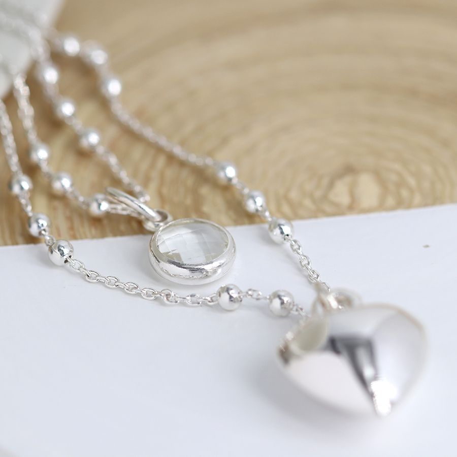 POM Shiny Silver Puff Heart Double Layer Necklace With Clear Crystal Charm
