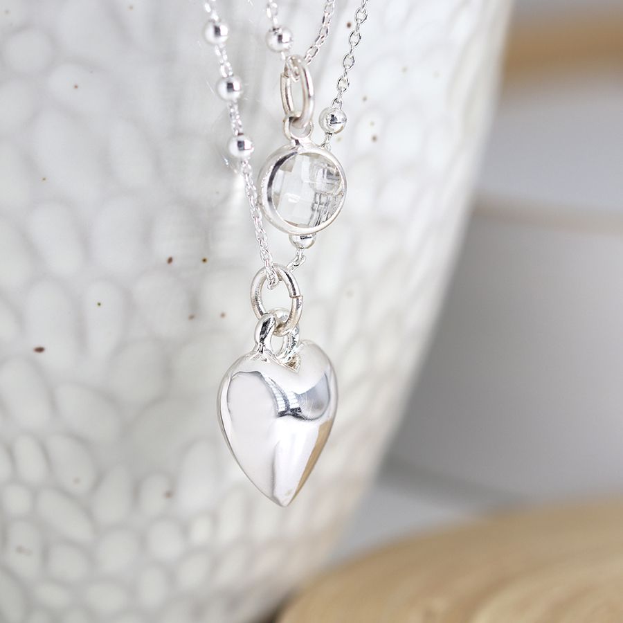 POM Silver Plated Layered Crystal And Puffed Heart Necklace