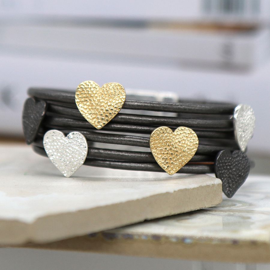 POM Dark grey leather and mixed metallic heart bracelet | More Than Just A Gift