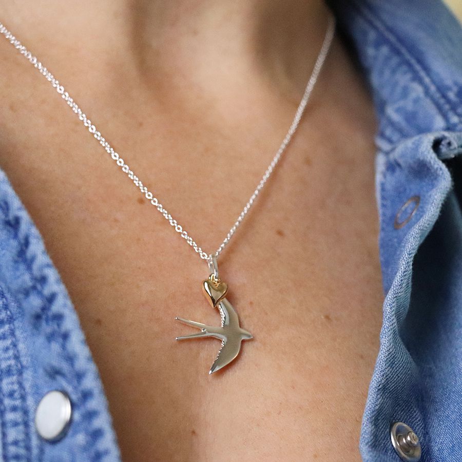 POM Silver Plated Swallow Necklace With Golden Heart