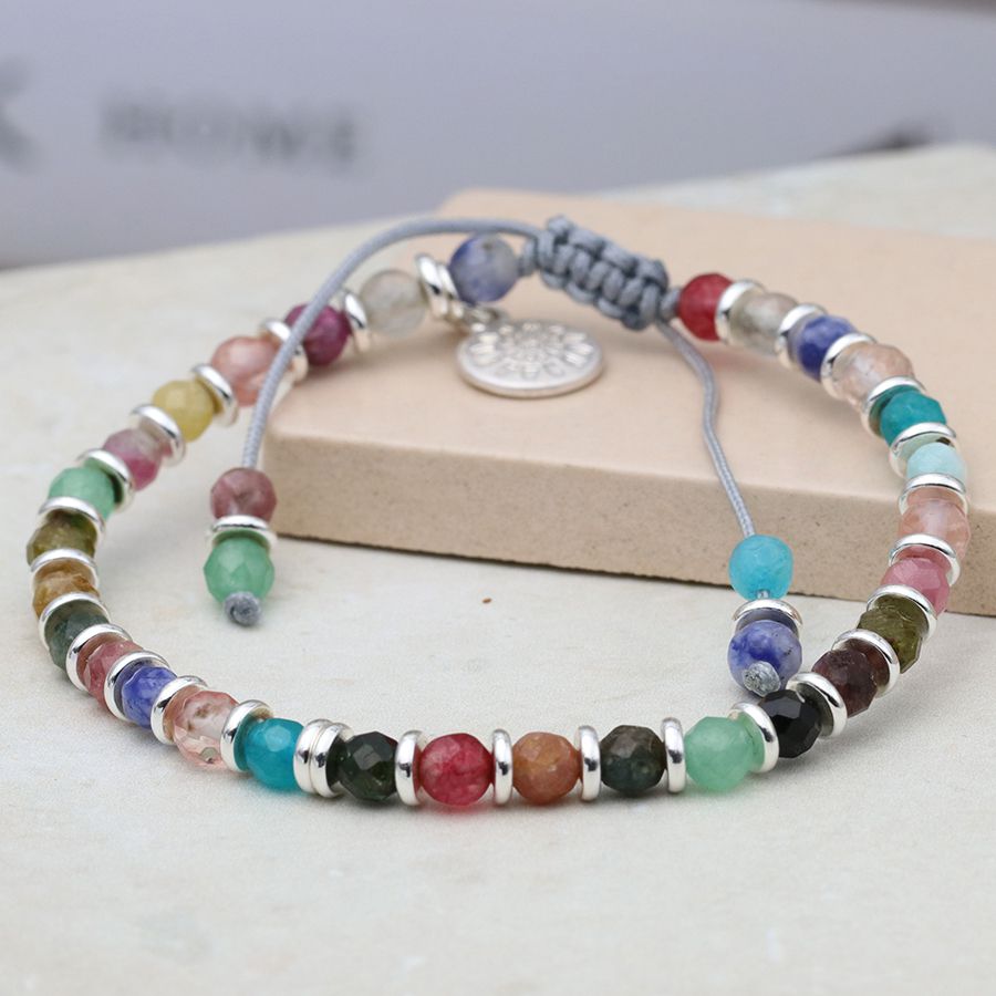 POM Cord Bracelet With Rainbow Coloured Beads And Silver Plated  Beads