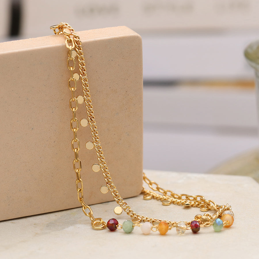 POM Two Strand Gold Colour Bracelet with Coloured Crystal Beads