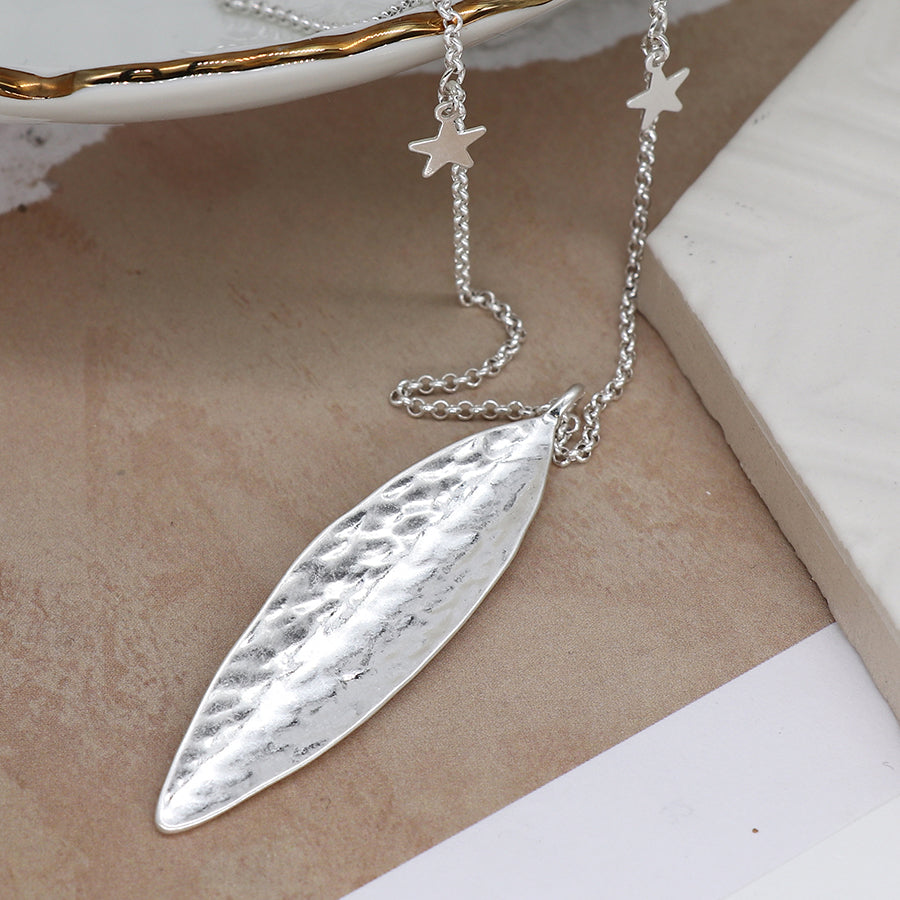 POM Worn Silver Plated Hammered Long Leaf Necklace with Stars on Chain