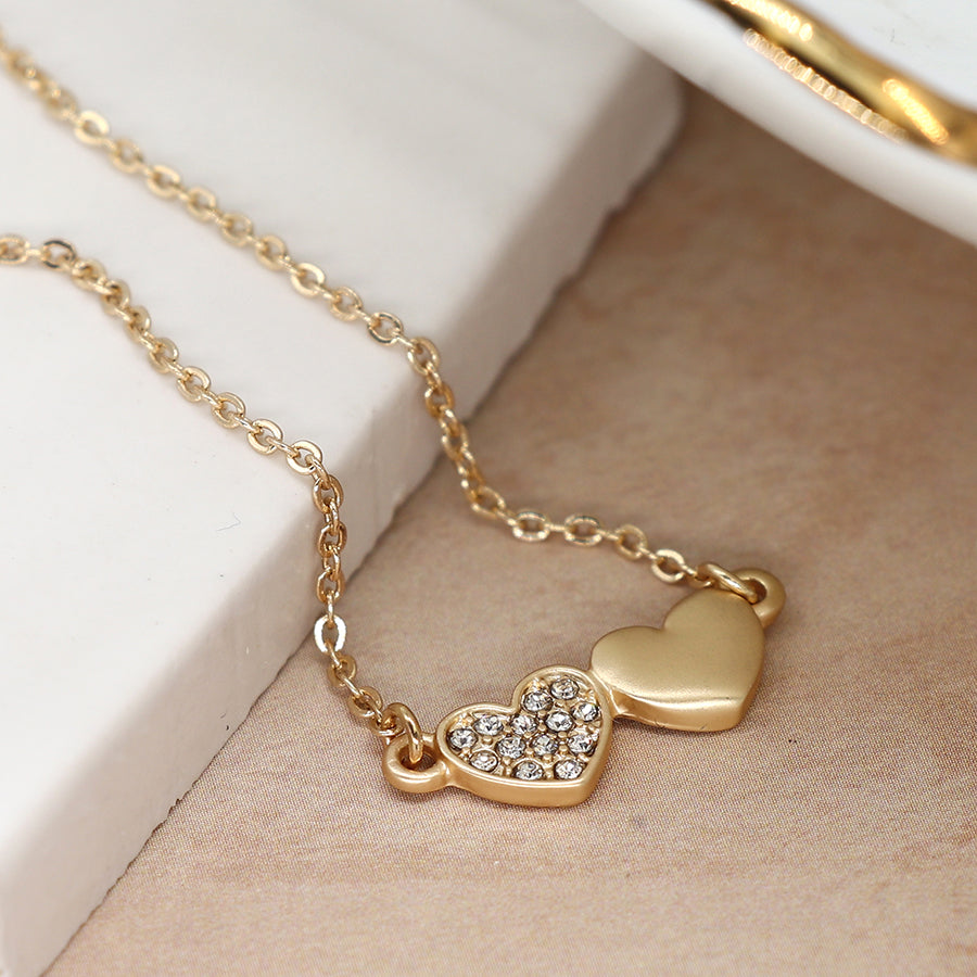 POM Faux Gold Double Brushed Heart Necklace with Crystals