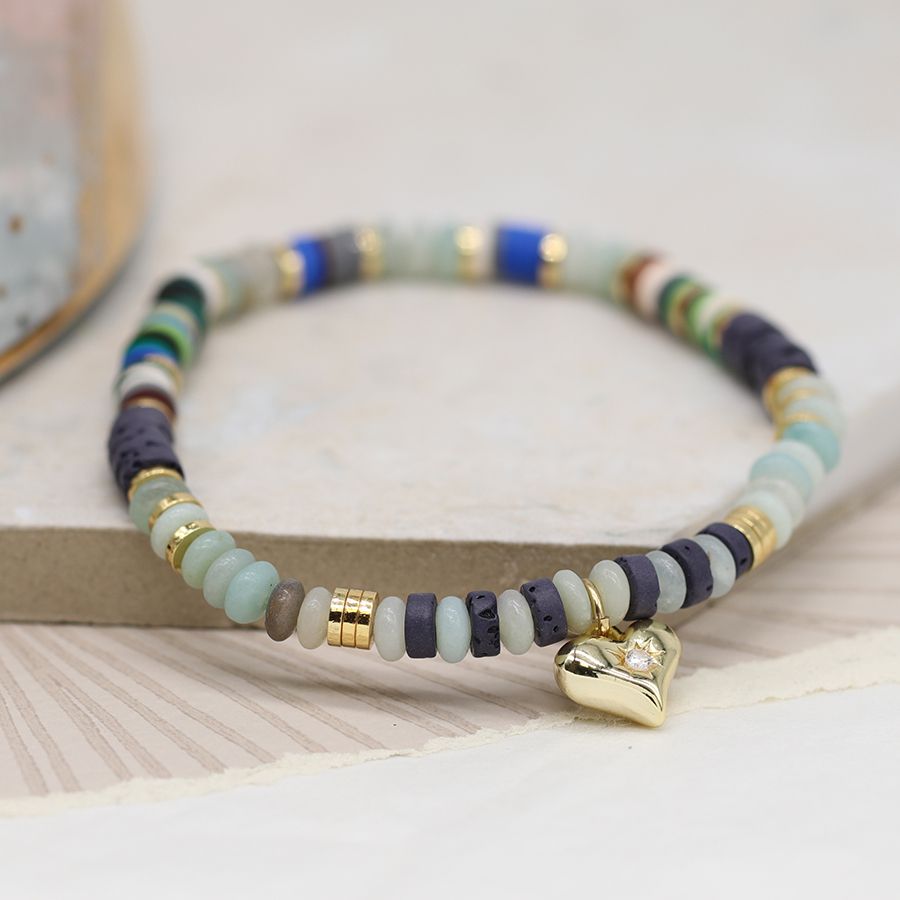 POM Gold Heart Charm on Grey-Blue Semi Precious Stone Bracelet