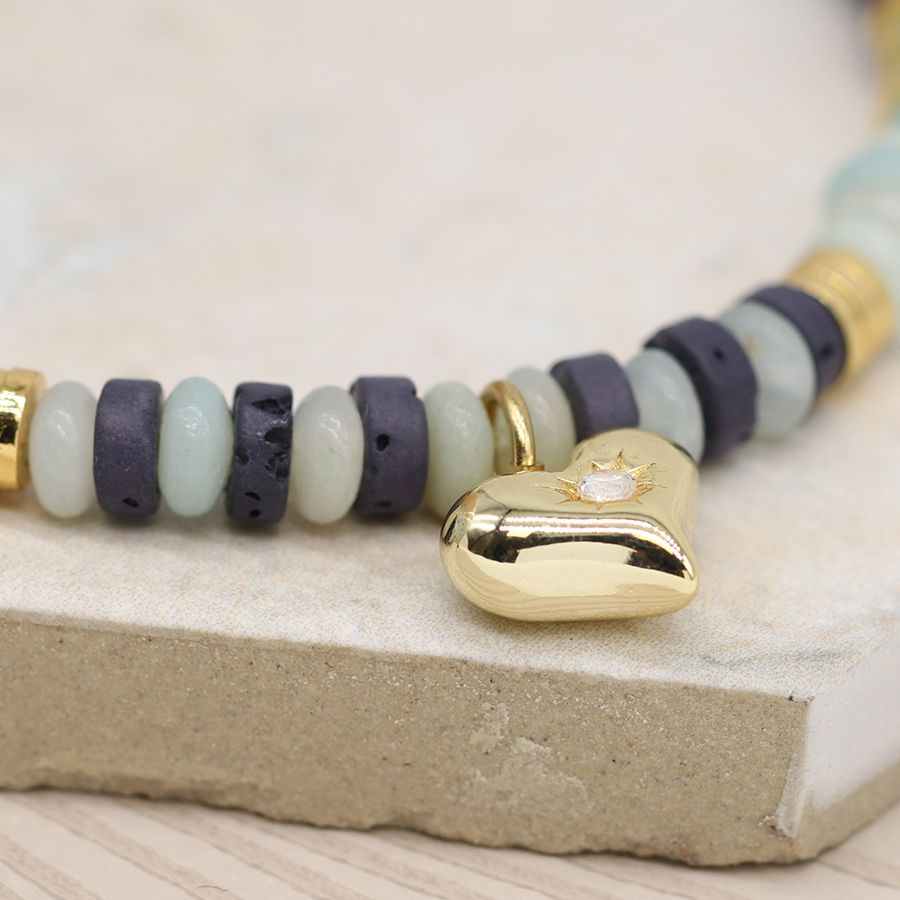 POM Gold Heart Charm on Grey-Blue Semi Precious Stone Bracelet