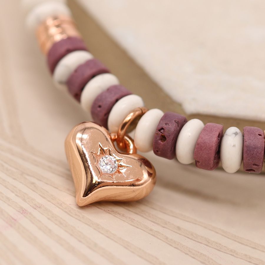 POM Rose Gold Heart Charm on Dusky Lilac Semi Precious Stone Bracelet