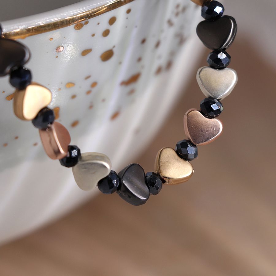 POM Mixed Metallic Matte Hearts and Black Beads Bracelet