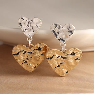 POM Gold and Silver Plated Hammered Double Heart Stud Earrings