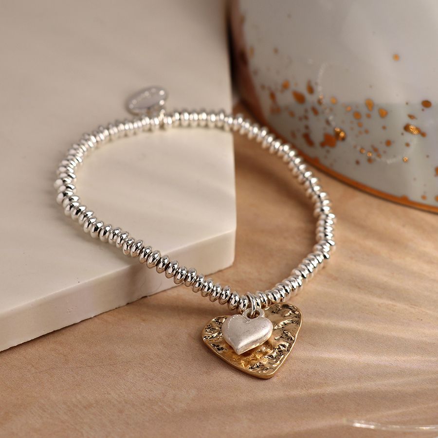 POM Silver Plated Bead Bracelet with Golden Hammered Heart and Silver Puff Heart
