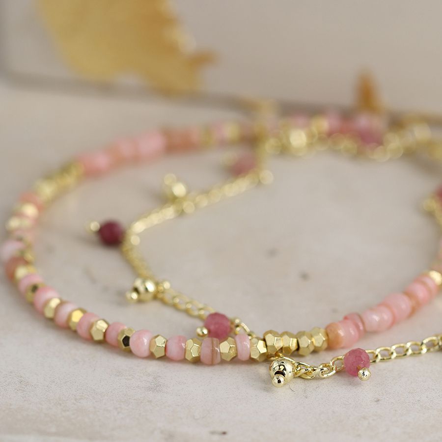 POM Golden Chain and Pink Bead Bracelet with Tourmaline