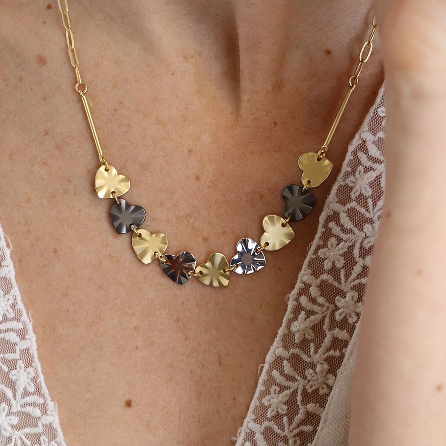 POM Matte gold/Hematite & Shiny SP Plated Linked Hearts Necklace