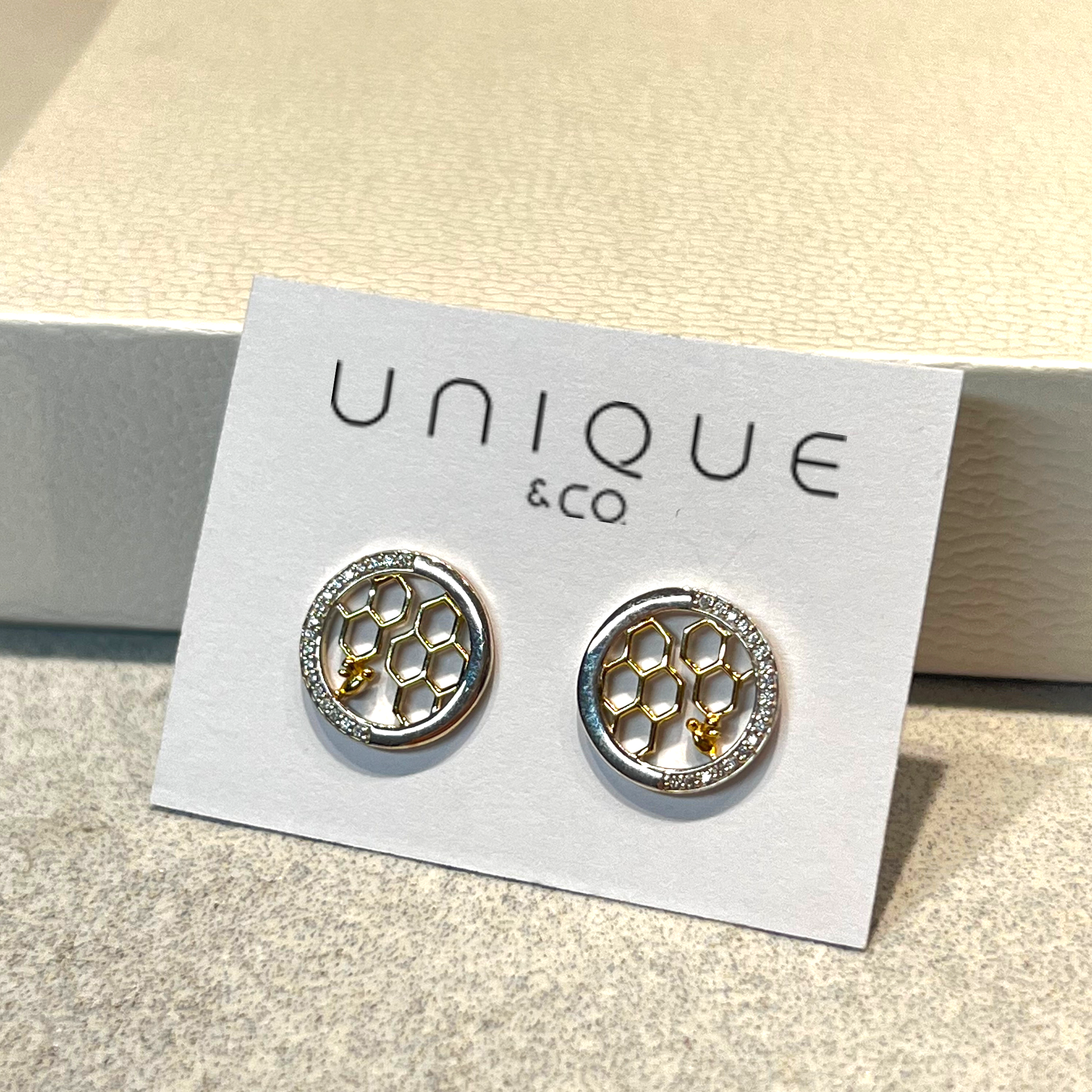 Unique & Co Sterling Silver, Yellow Gold and CZ Honeycomb Circle Earrings