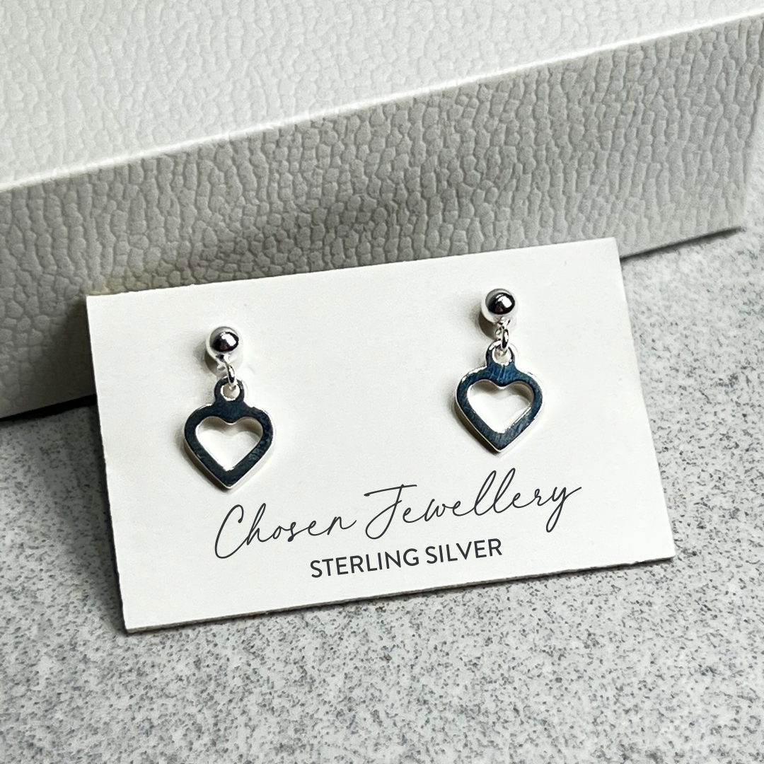 Sterling Silver Open Heart Drop Stud Earrings