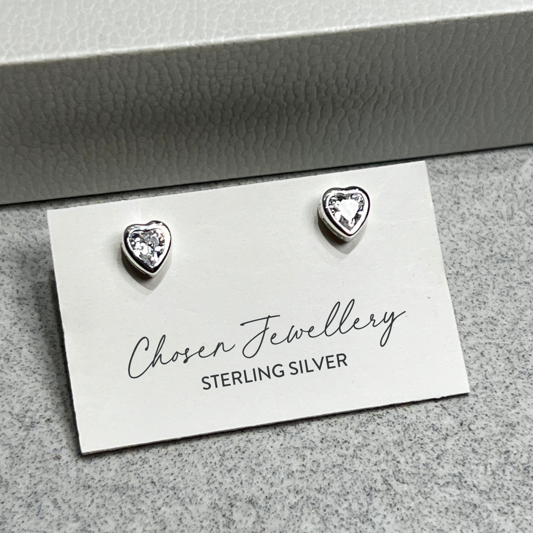 Sterling Silver Cubic Zirconia Heart Stud Earrings