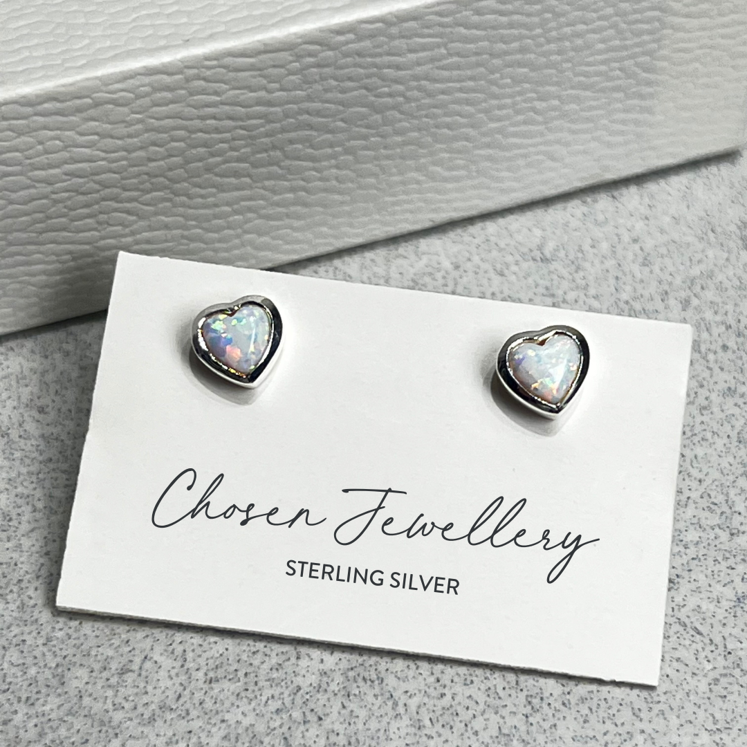 POM Sterling silver opal heart stud earrings