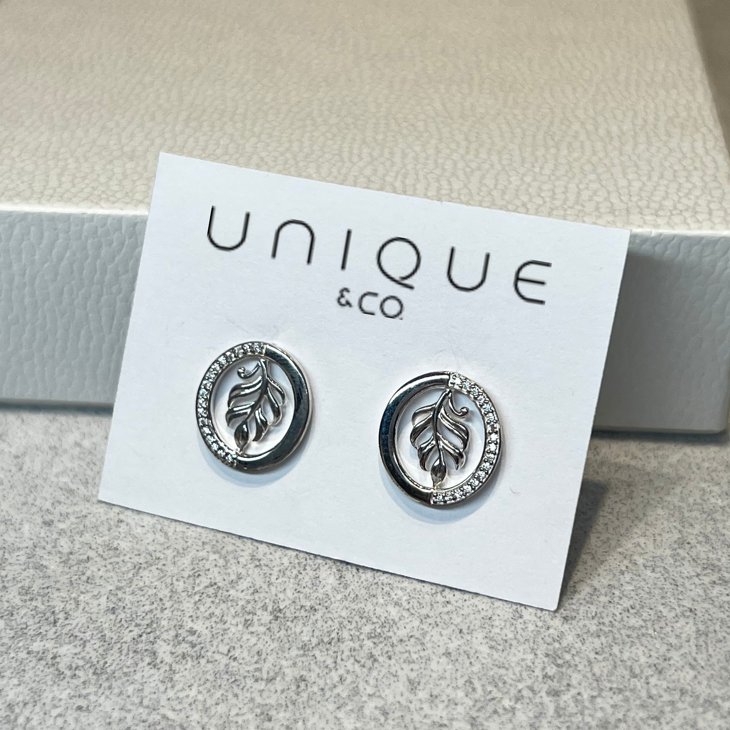 Unique & Co Sterling Silver CZ Feather Circle Earrings