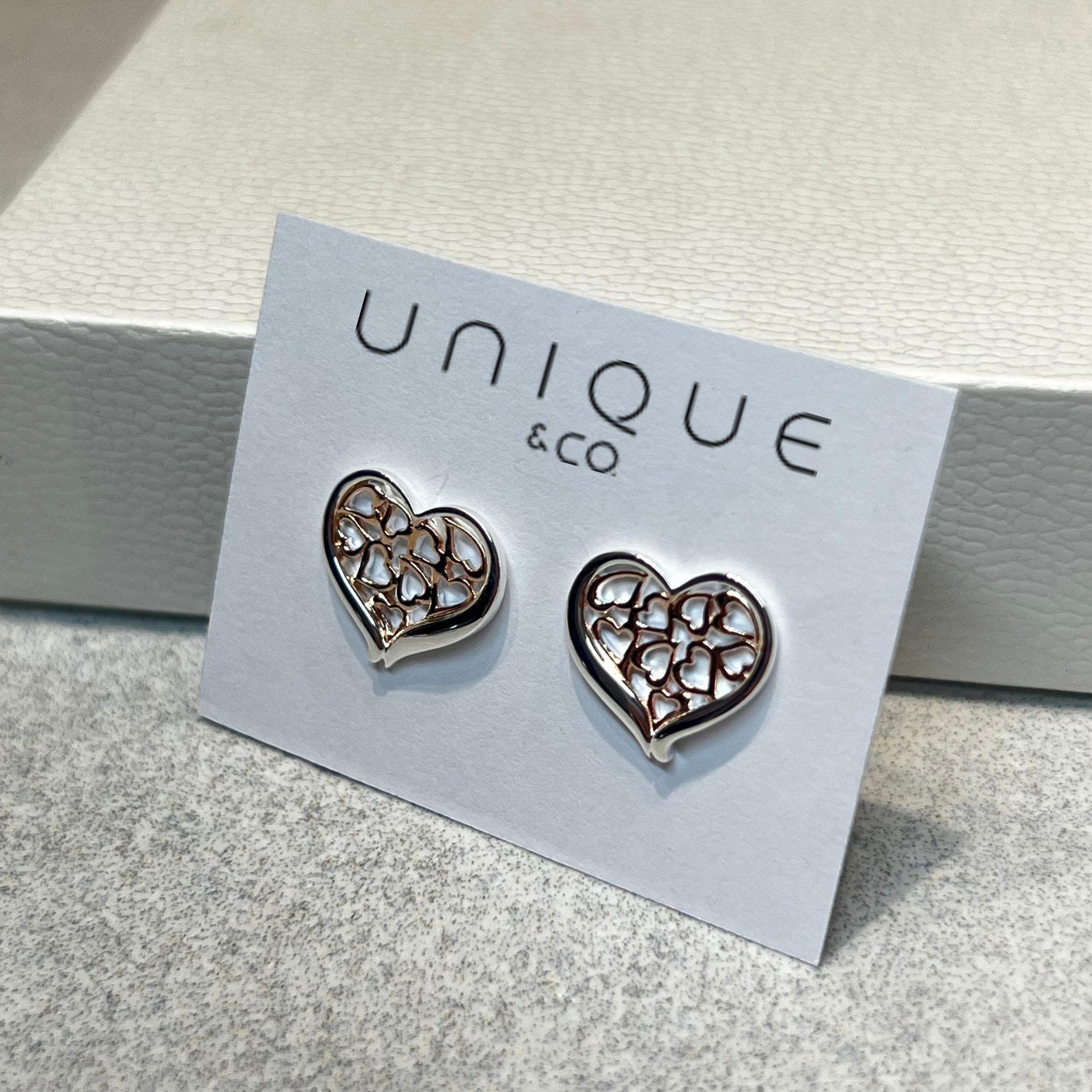 Unique & Co Sterling Silver & Rose Gold Hearts Earrings