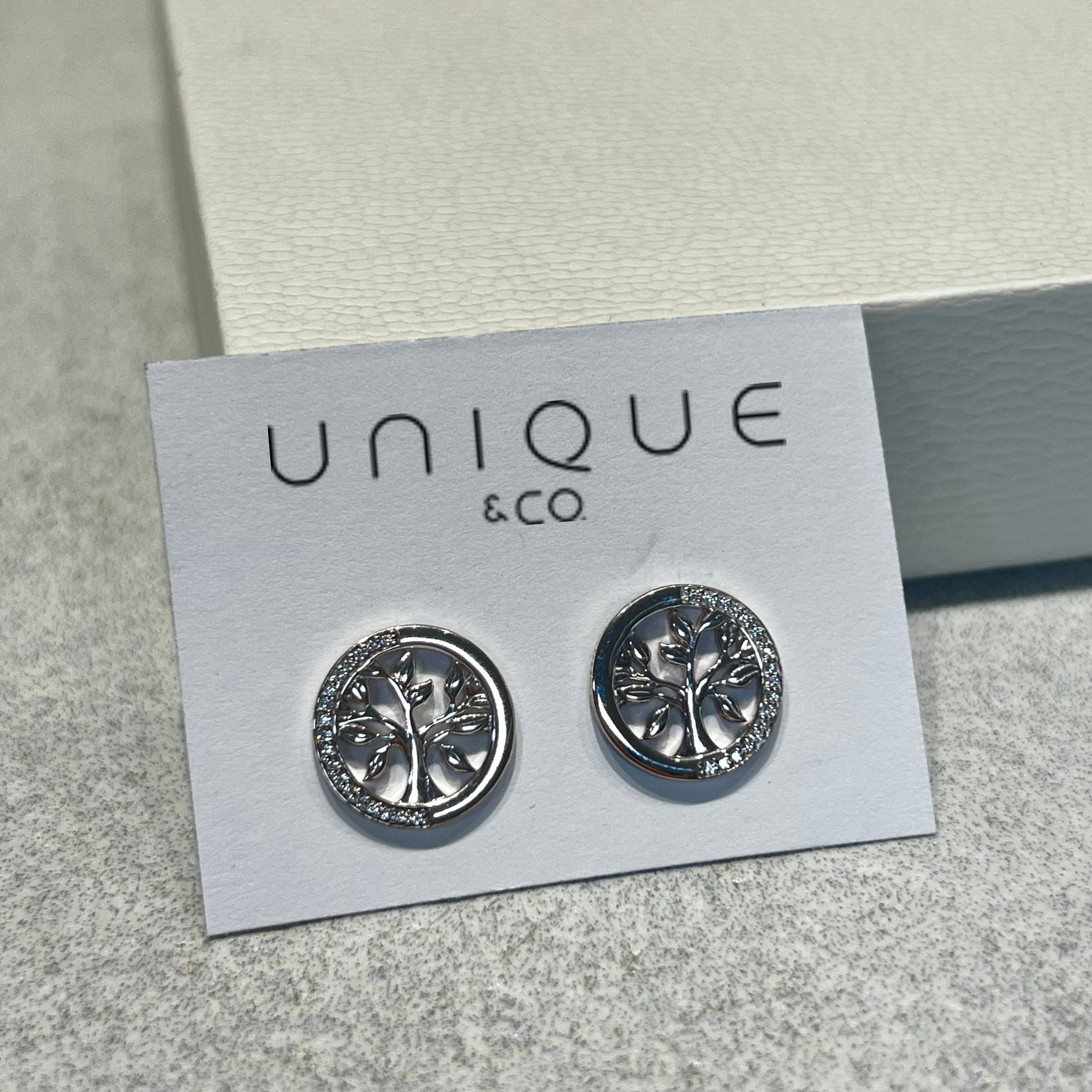 Unique & Co Sterling Silver and CZ Tree of Life Circle Earrings