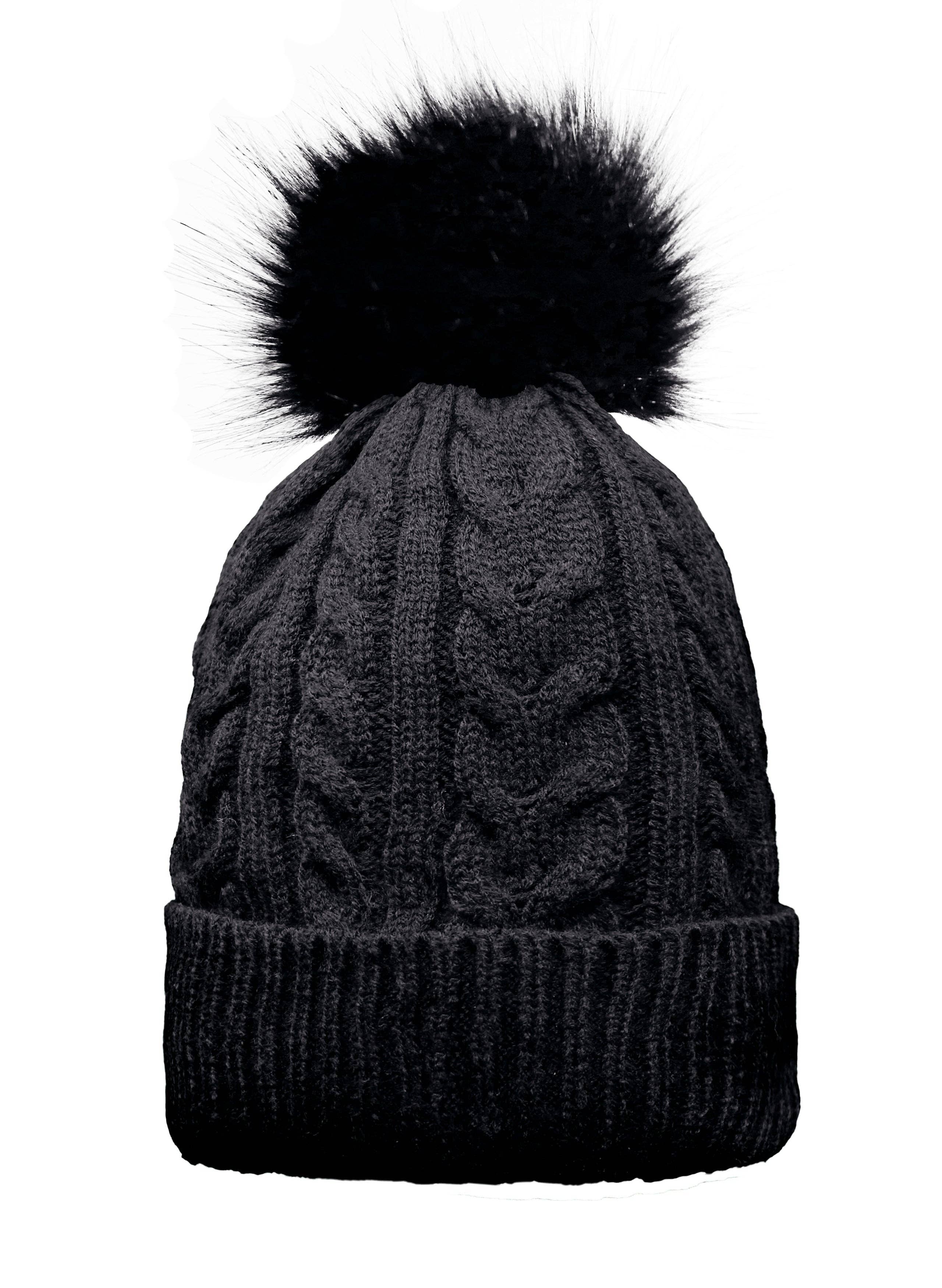 Cable Knit Pom-Pom Hat with Fleece Lining - Black