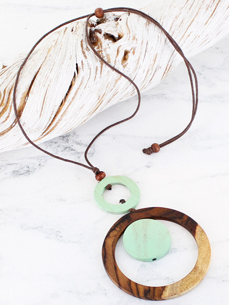 Suzie Blue Wooden Disc & Ring Pendant- Mint & Natural  | More Than Just A Gift