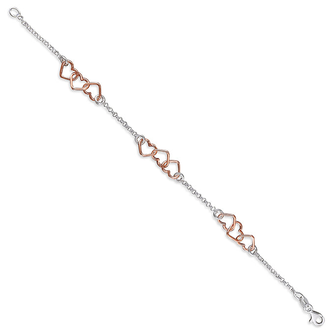 Sterling Silver & Rose Gold Linked Hearts Bracelet