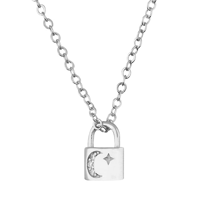 Sterling Silver CZ Moon & Plain Star Padlock Necklace