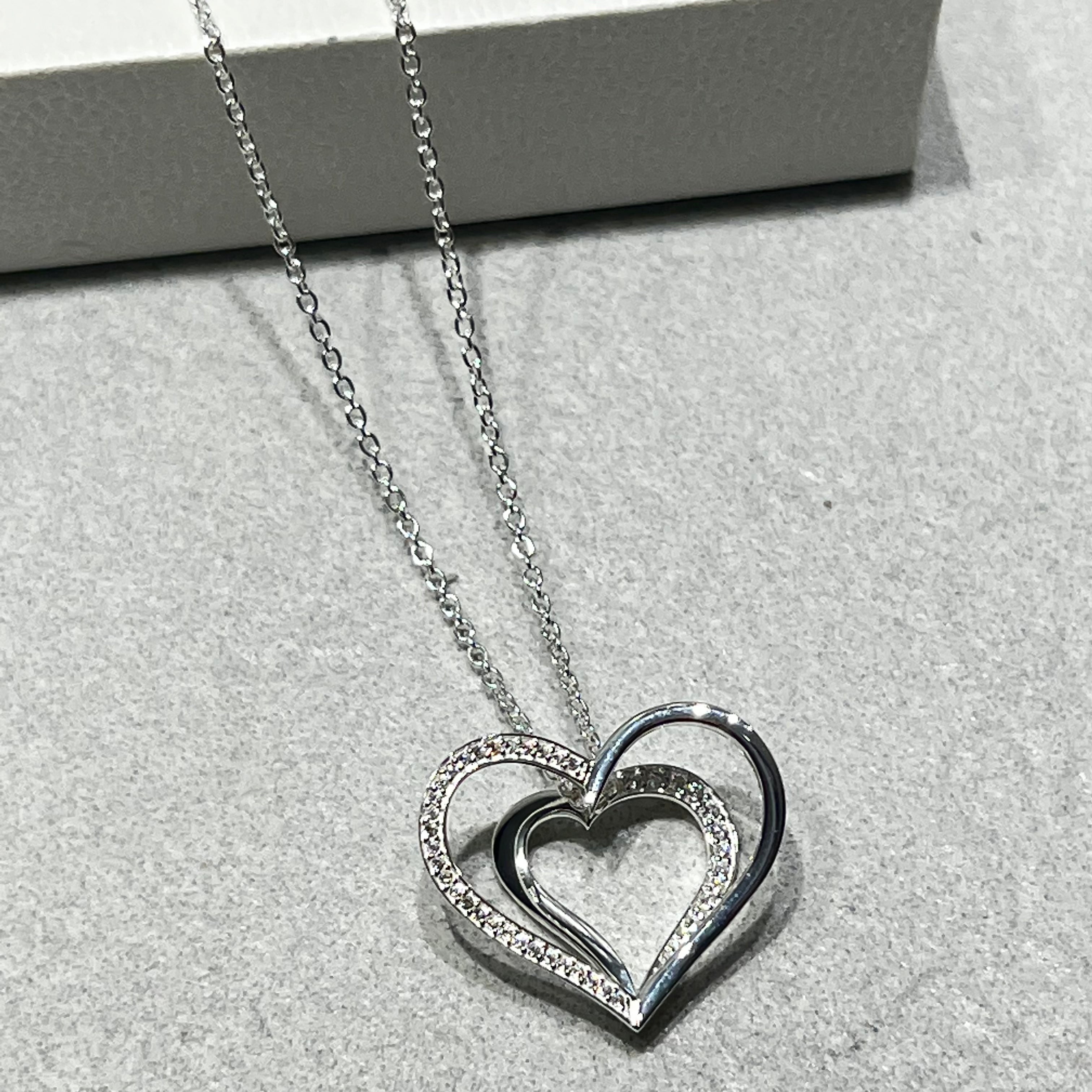 Unique & Co Silver Zirconia Double Heart Necklace