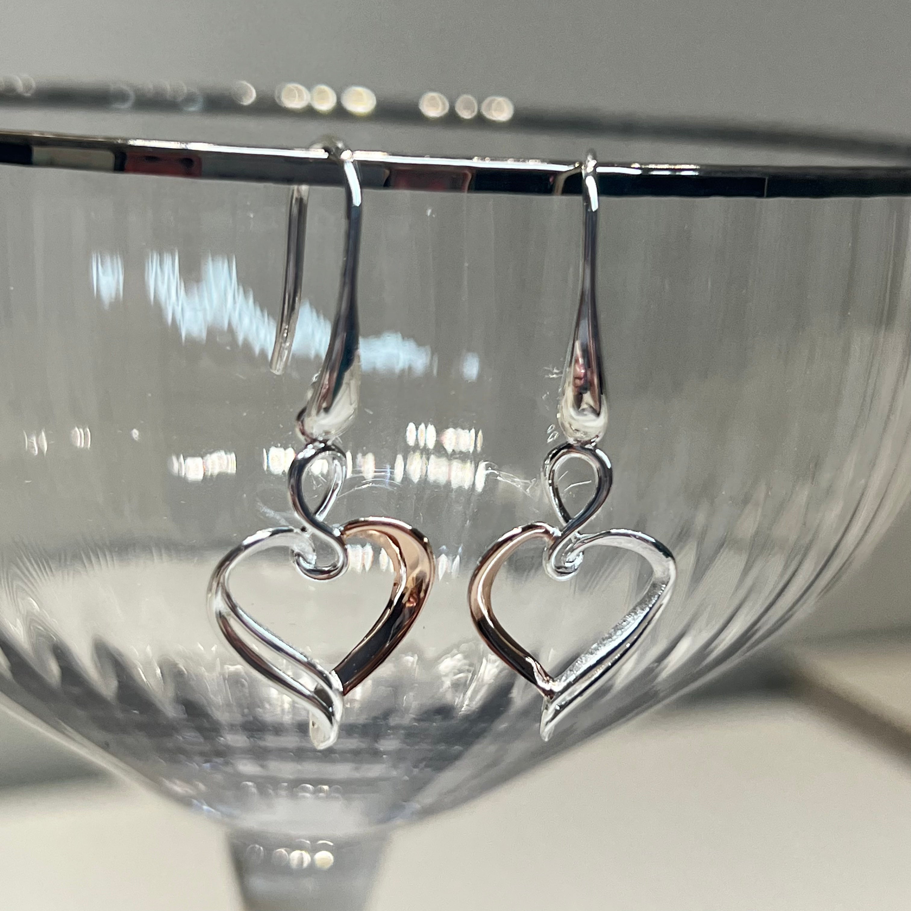 Unique Sterling Silver Open Swirl Heart with Rose Gold Drop Earrings