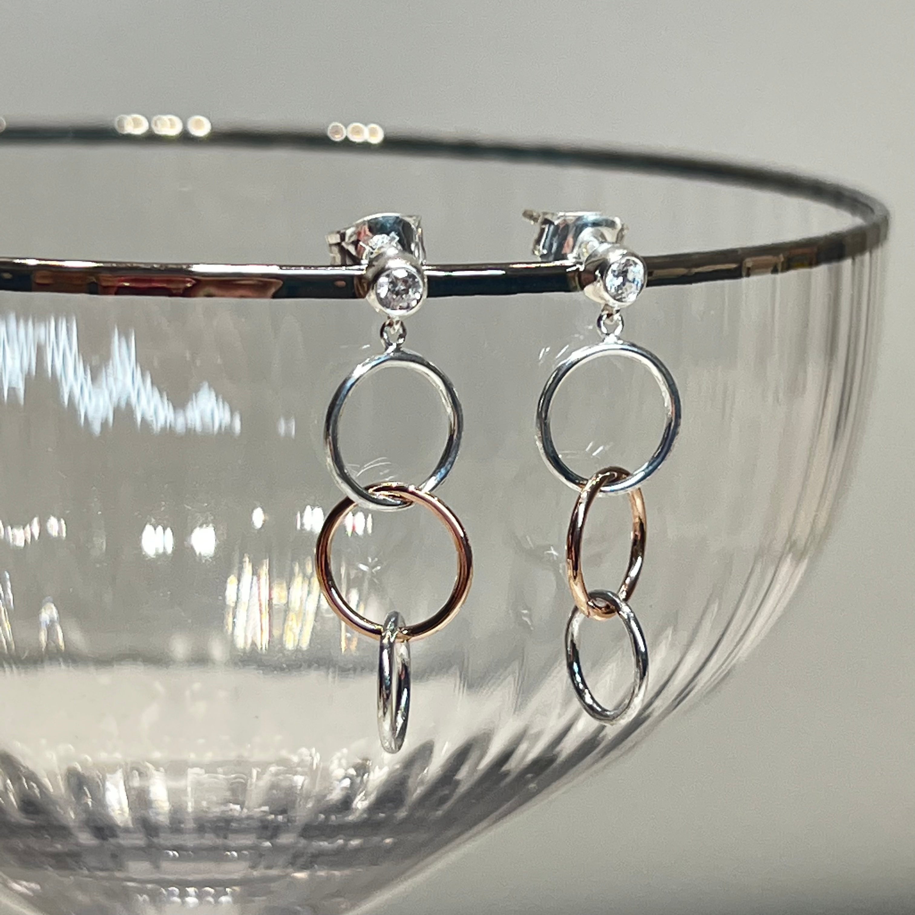 Unique and Co Sterling Silver, Rose Gold and CZ Triple Circle Earrings