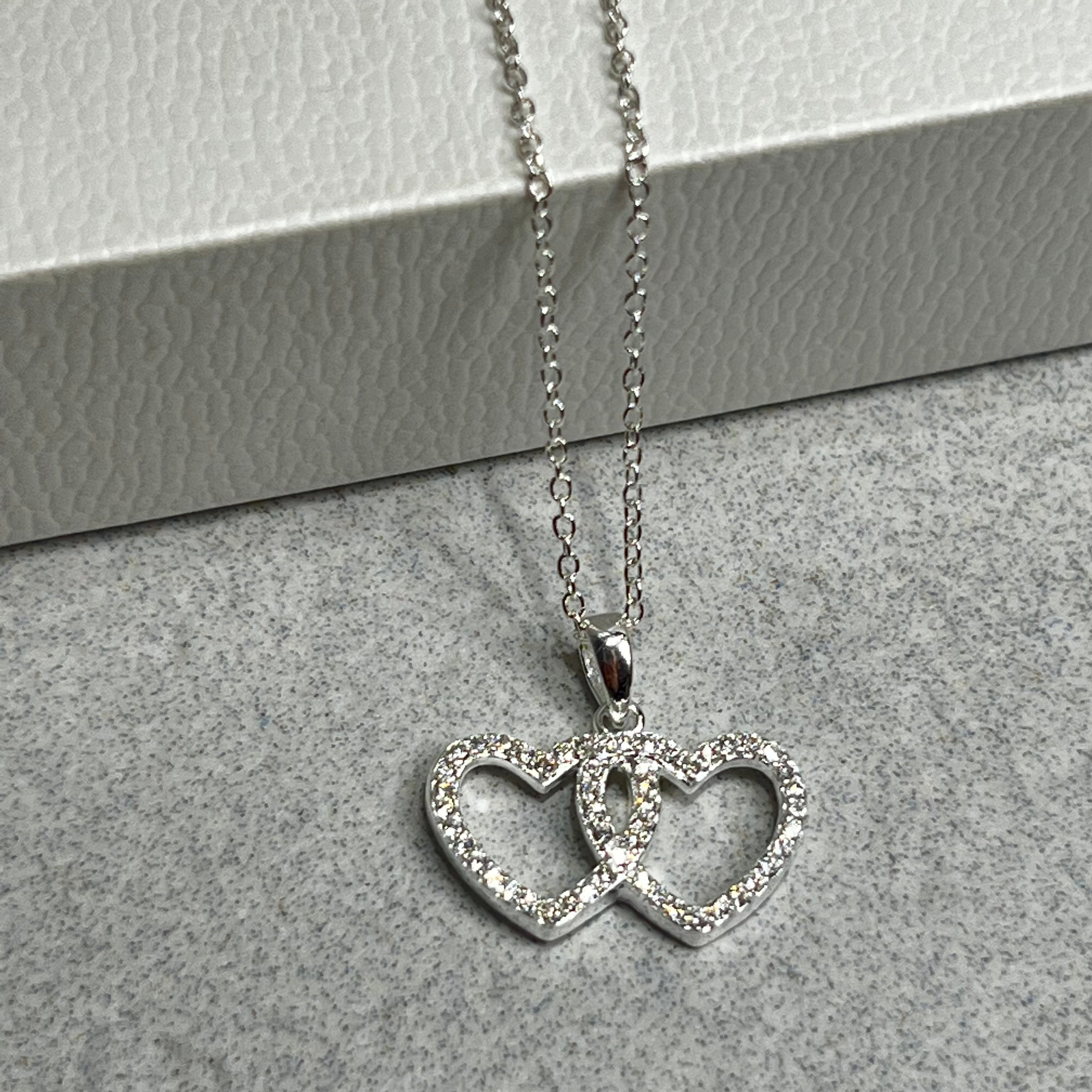 Sterling Silver Double Cubic Zirconia Heart Necklace