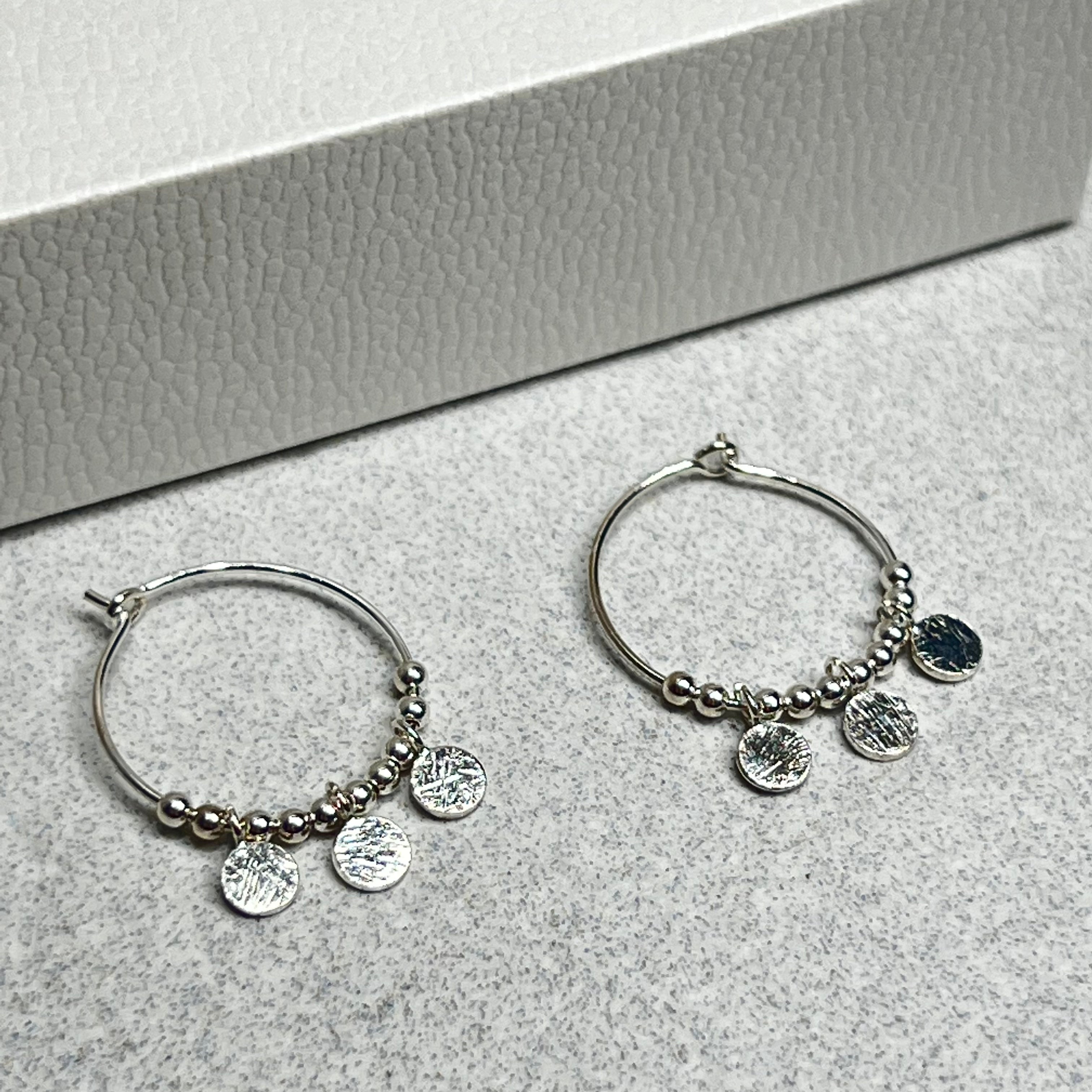 POM Sterling Silver Disc And Bead Hoop Earrings