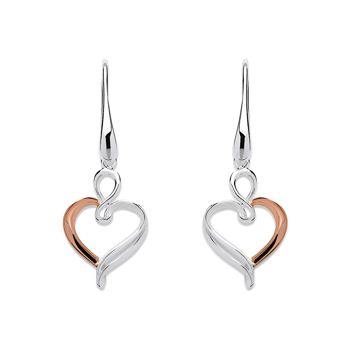 Unique Sterling Silver Open Swirl Heart with Rose Gold Drop Earrings