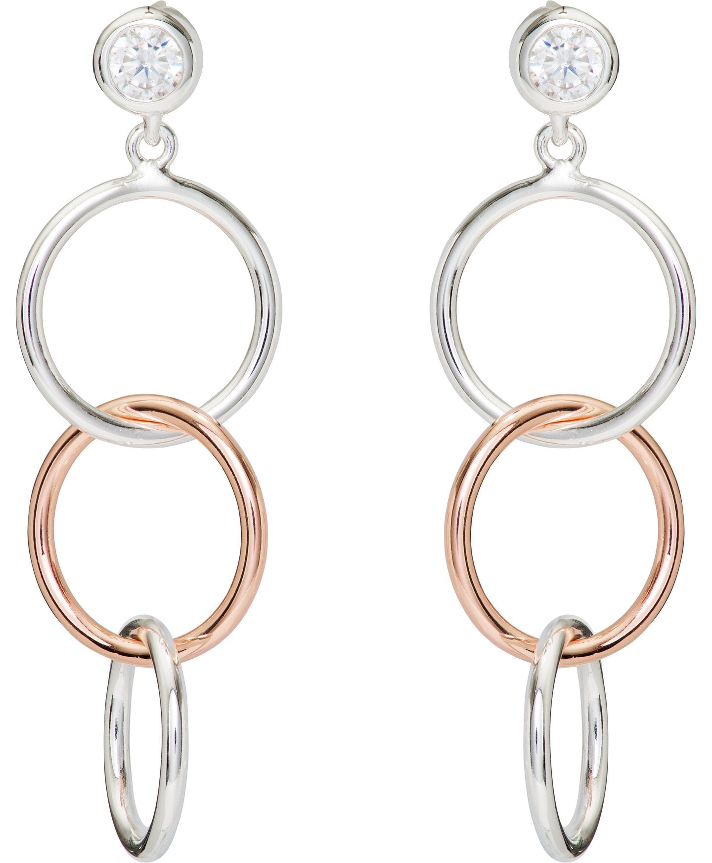 Unique and Co Sterling Silver, Rose Gold and CZ Triple Circle Earrings