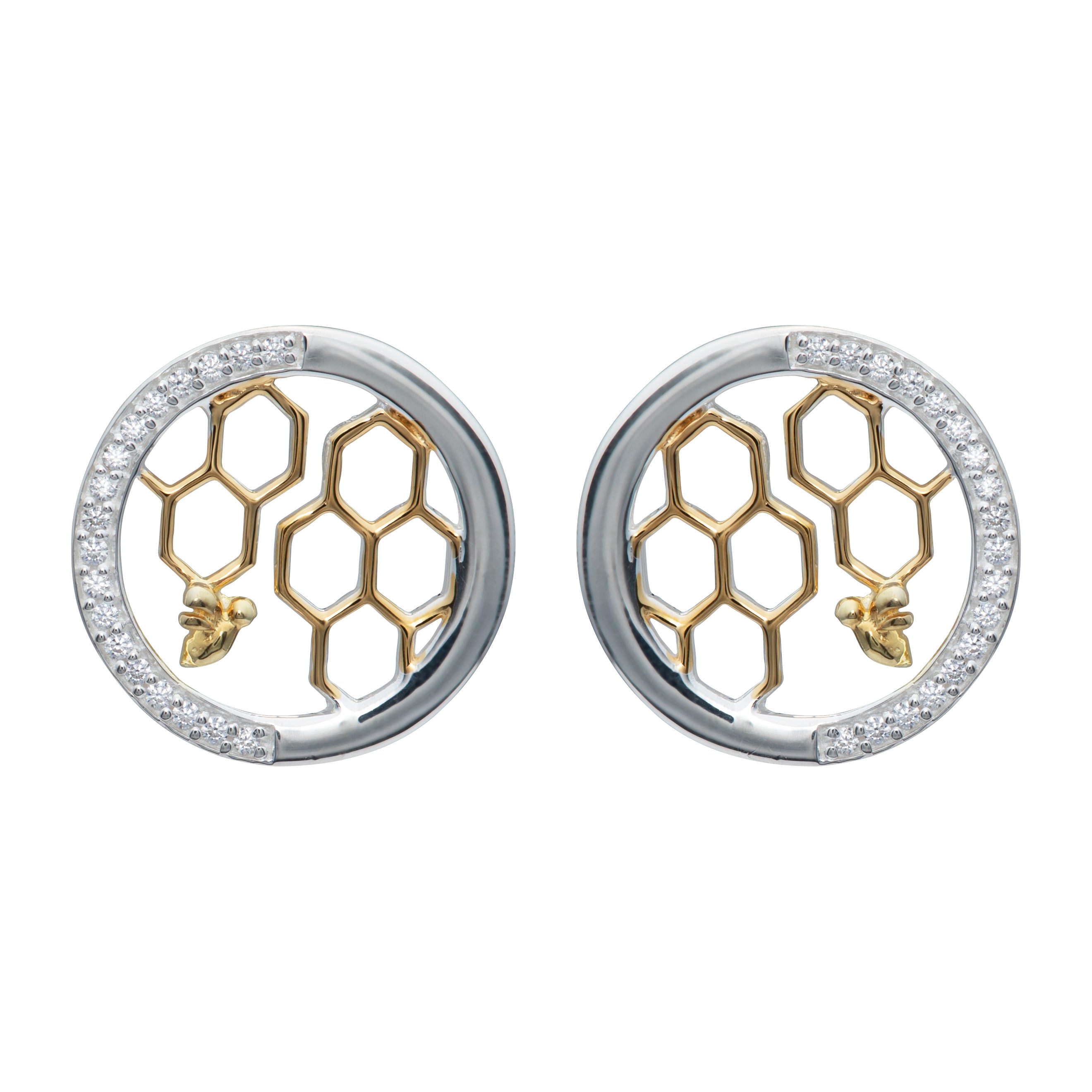 Unique & Co Sterling Silver, Yellow Gold and CZ Honeycomb Circle Earrings