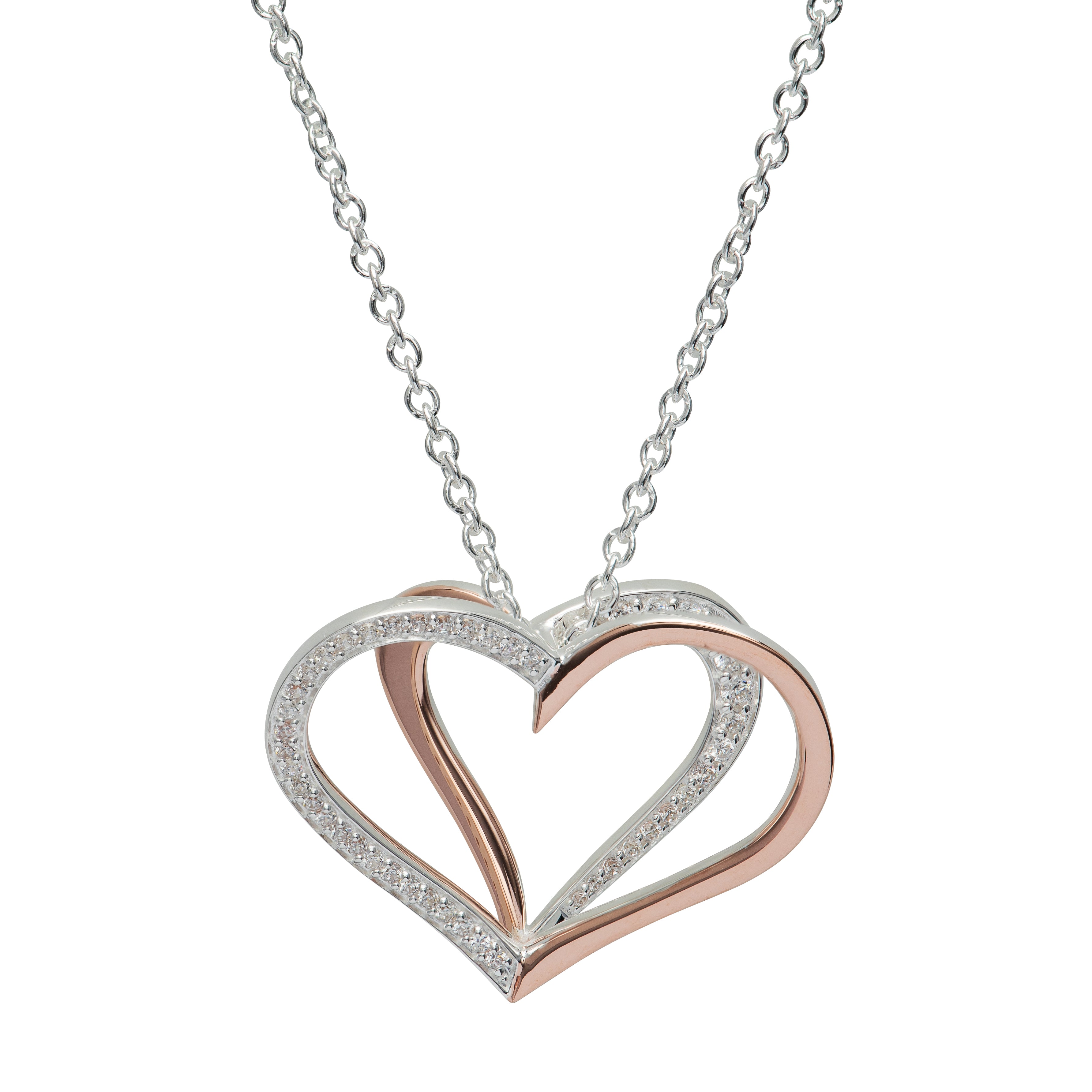 Unique & Co Silver and Rose Gold Zirconia Double Heart Necklace