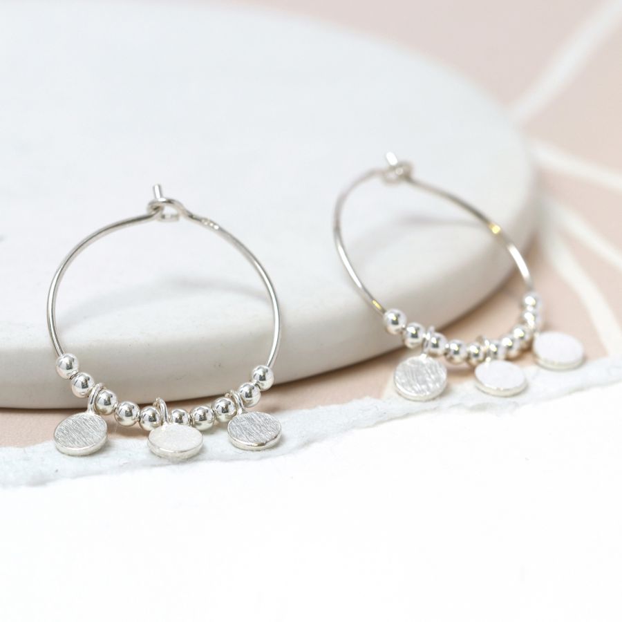 POM Sterling Silver Disc And Bead Hoop Earrings