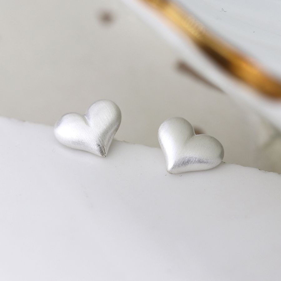 POM Silver Scratched Puff Heart Stud Earring
